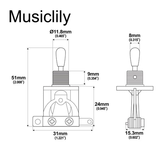Dimensions of musiclily pro 3 way pickup selector toggle switch for lp style electric guitar mx2830p