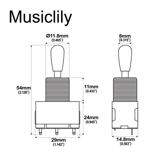 Dimensions of musiclily pro 3 way box style pickup selector toggle switch for electric guitar mx2831p