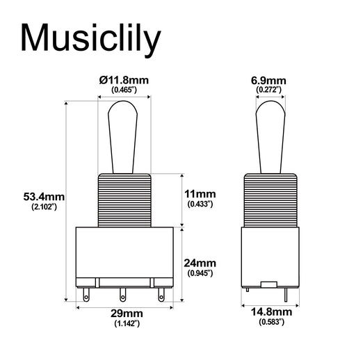 Dimensions of musiclily pro 3 way box style pickup selector toggle switch for electric guitar full metal mx2832p