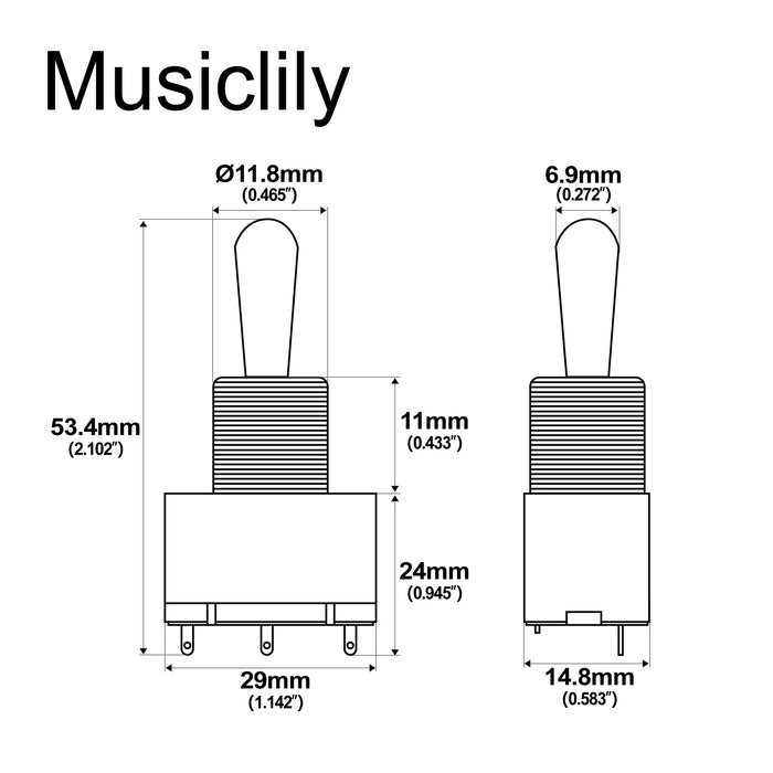 Dimensions of musiclily pro 3 way box style pickup selector toggle switch for electric guitar full metal mx2832p