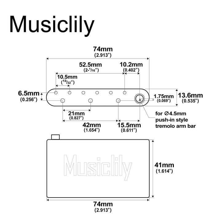 Dimensions of musiclily ultra 52 5mm2 1 16 inch full solid brass tremolo block for prs se electric guitar tremolo bridge 41mm tall mx2850