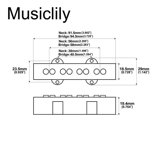 Dimensions of the revival pickups rpjb vintage style alnico 5 single coil pickups set for 4 string jazz bass mx2861bk