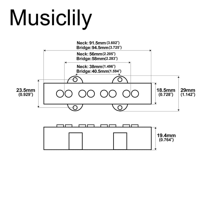 Dimensions of the revival pickups rpjb vintage style alnico 5 single coil pickups set for 4 string jazz bass mx2861bk