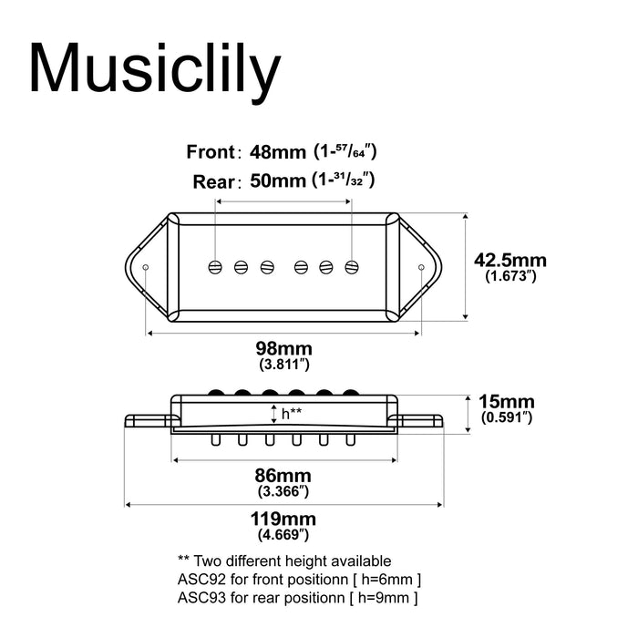 Dimensions of artec asa92 asa93 alnico 5 dog ear p90 single coil pickup front rear pickups set 7 5k for es330 casino style electric guitar mx2993crmx2994cr