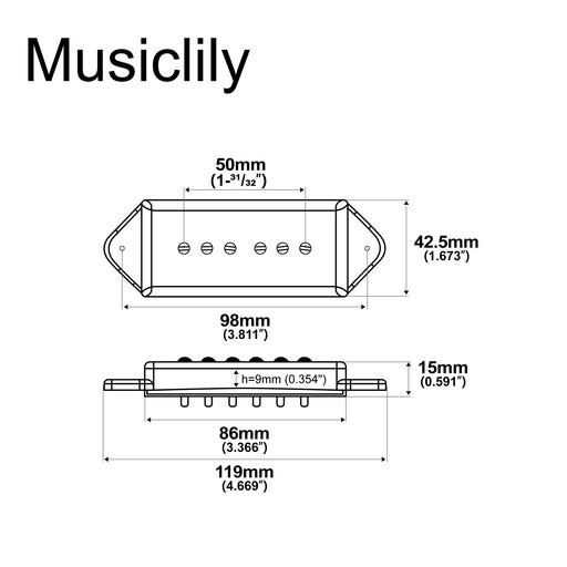 Dimensions of artec asa93 alnico 5 dog ear p90 single coil pickup rear pickup 7 5k for es330 casino style electric guitar mx2994cr