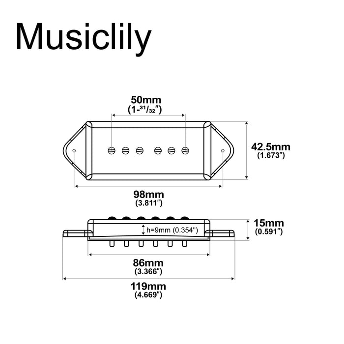 Dimensions of artec asa93 alnico 5 dog ear p90 single coil pickup rear pickup 7 5k for es330 casino style electric guitar mx2994cr