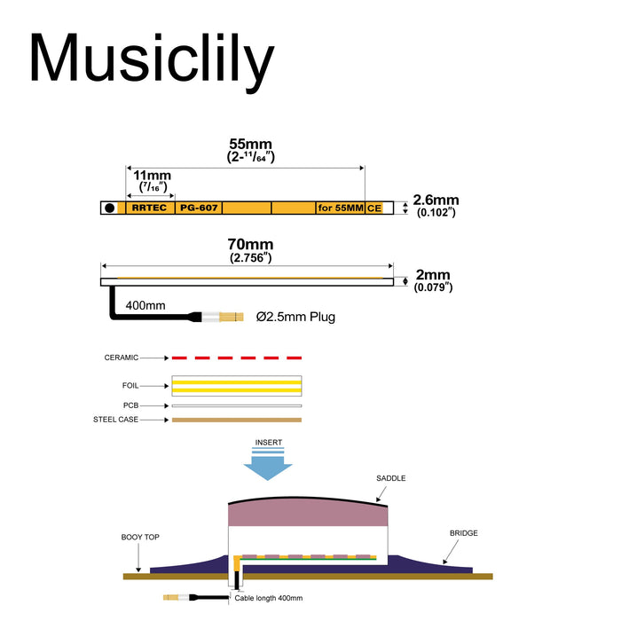Dimensions of artec pg607 transducer ceramic piezo pickup for 6 12 string acoustic guitar 55mm x 2 6mm mx3005