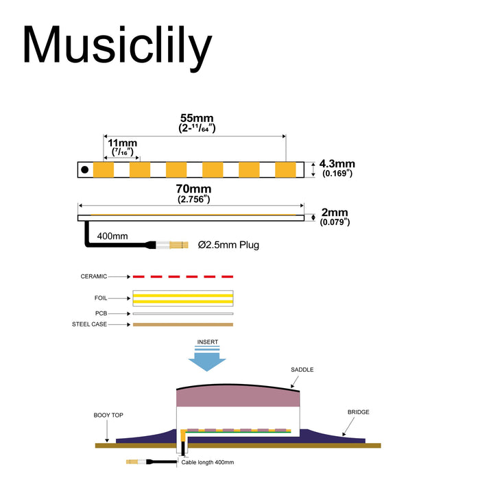 Dimensions of artec pg637 transducer ceramic piezo pickup for 6 12 string acoustic guitar 55mm x 4 3mm mx3006