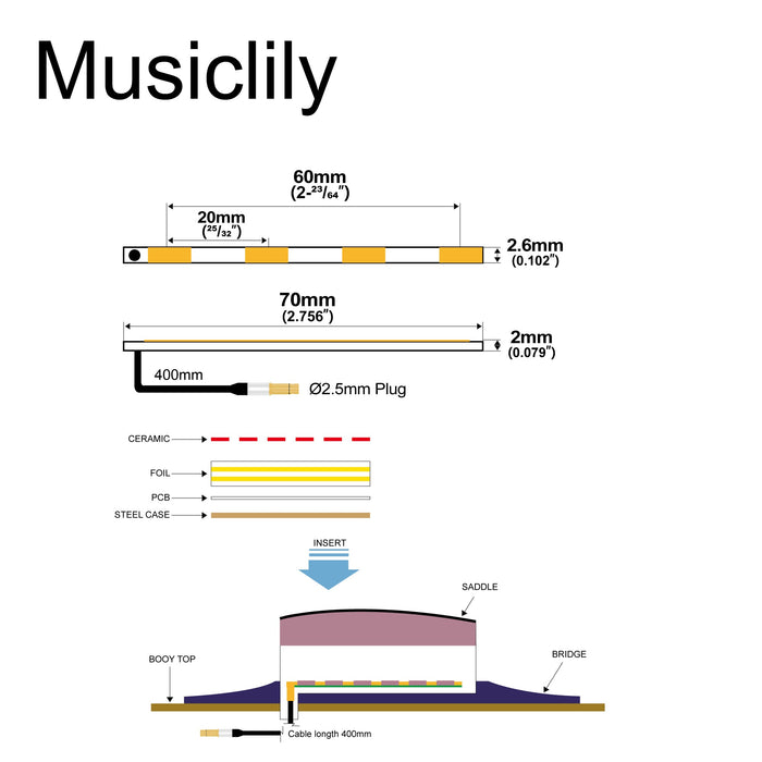 Dimensions of artec pg417 transducer ceramic piezo pickup for 4 string acoustic bass 60mm x 2 6mm mx3008