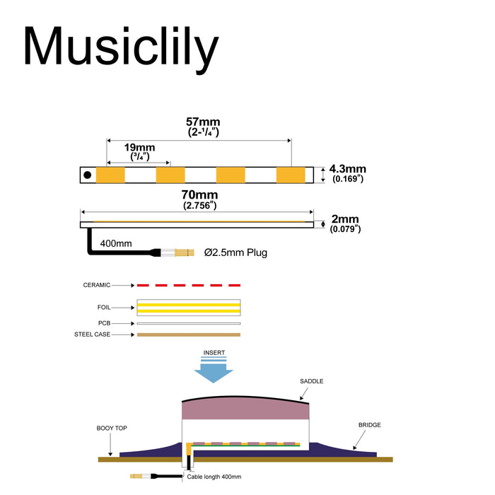 Dimensions of artec pg437 transducer ceramic piezo pickup for 4 string acoustic bass 57mm x 4 3mm mx3009