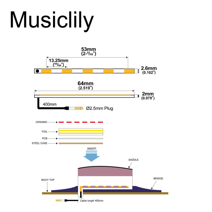 Dimensions of artec pg517 transducer ceramic piezo pickup for 5 string acoustic bass 53mm x 2 6mm mx3010