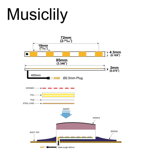Dimensions of artec pg537 transducer ceramic piezo pickup for 5 string acoustic bass 72mm x 4 3mm mx3011