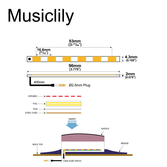 Dimensions of artec pg637b transducer ceramic piezo pickup for 6 string acoustic bass 83mm x 4 3mm mx3012