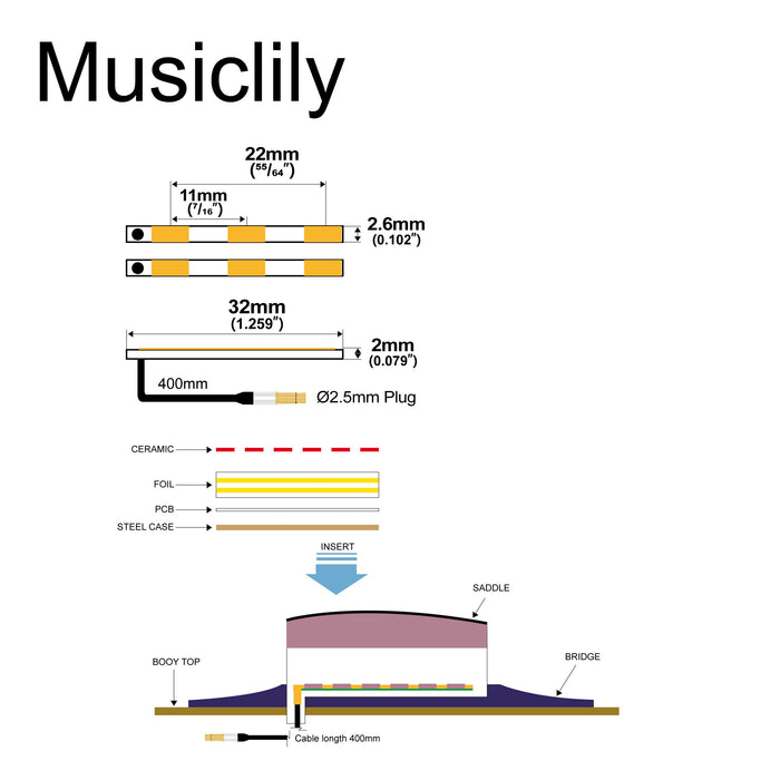 Dimensions of artec pg303 2 separated transducer ceramic piezo pickup for 3 3 split bridge acoustic guitar 2 6mm mx3013