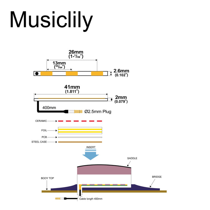 Dimensions of artec pg341 transducer ceramic piezo pickup for middle east turkish saz 26mm x 2 6mm mx3015