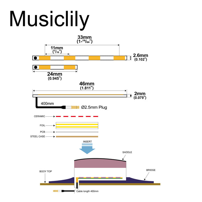 Dimensions of artec pg402 2 separated transducer ceramic piezo pickup for 4 2 split bridge acoustic guitar 2 6mm mx3016