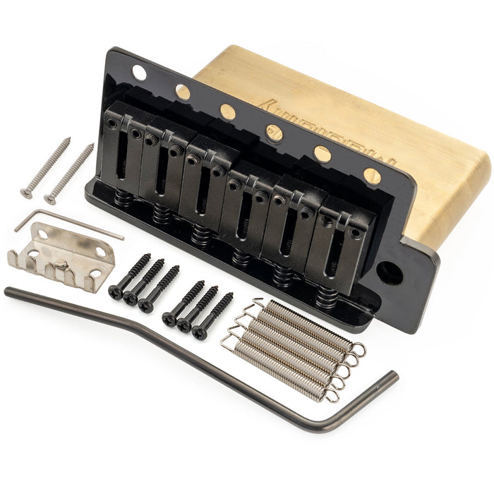 Musiclily Ultra 52,5mm(2-1/16 Zoll) Amerikanischer Vintage-Stil 6-Schrauben ST Tremolo-Brücke mit modernen Messelattensätteln 42mm Massiver Messingblock Push-In Arm für Strat-Stil E-Gitarre, Schwarz