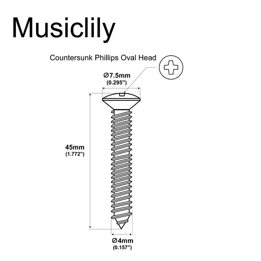 Dimensions of musiclily ultra 4 45mm stainless steel countersunk mounting screws for electric guitar bass neck plate or tremolo bridge claw mx3040 4p