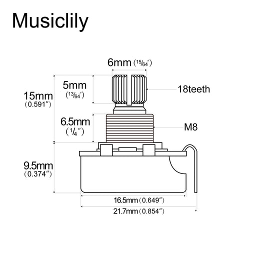 Dimensions of alpha a250k metric coarse 18 spline alu mini short split shaft pots audio taper potentiometers for electric guitar bass mx3086 2