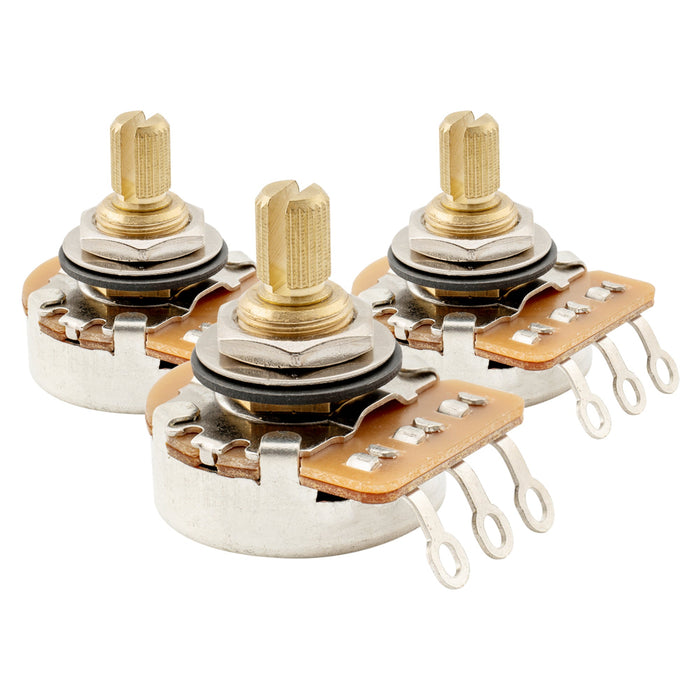 musiclily pro hd a250k full brass inch size fine 24 spline split short shaft pot audio taper potentiometers for electric guitar bass mx3090, 3 pcs