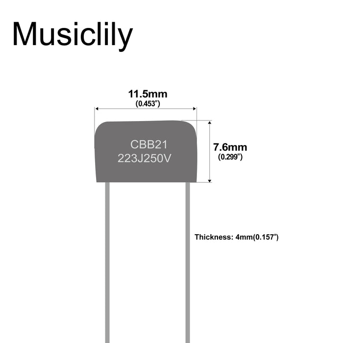Dimensions of musiclily pro small sized metallized polypropylene mpp cbb21 film capacitor for electric guitar bass 022uf 22nf 047uf 47nf set of 10 mx3107 10p