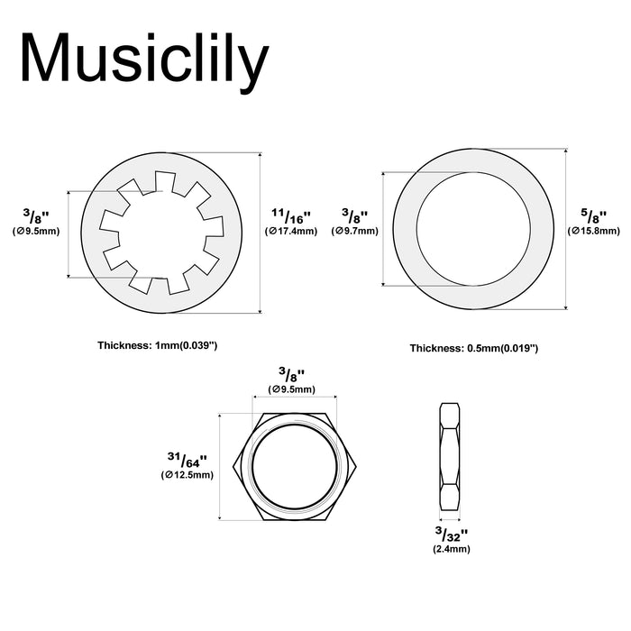 Dimensions of musiclily pro 3 8 inch and m9 mounting star lock washers for usa thread cts pots and switchcraft jack sockets mx1937 10p