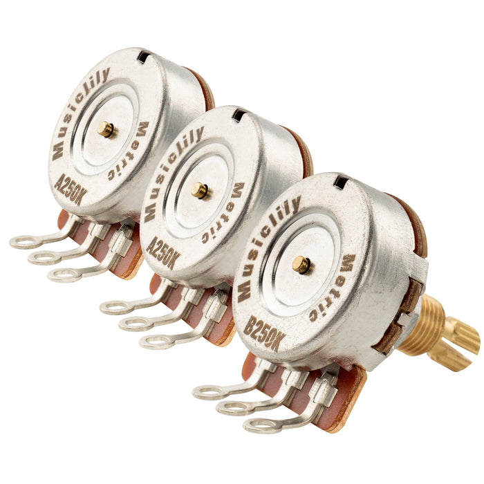 Musiclily Pro HD A250Kx2+B250K ポット 真鍮 ミリ規格 スタンダードスプリットシャフト 9.5mm オーディオリニアテーパーポテンショメータ ST PB JBエレキギターとベース用(2A1Bセット)