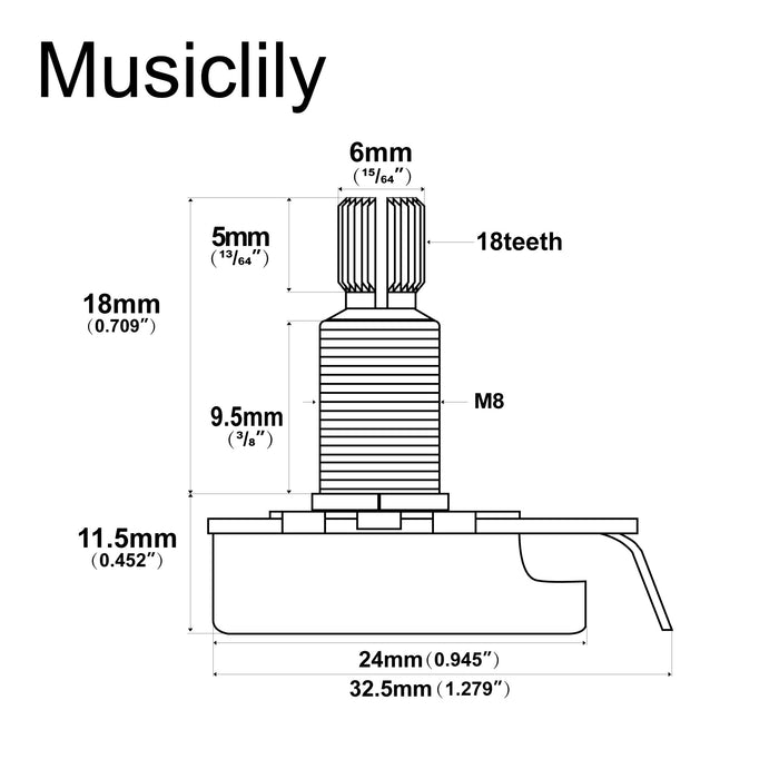 Musiclily Pro HD A250K+B250K ポット 真鍮 ミリ規格 スタンダードスプリットシャフト 9.5mm オーディオリニアテーパーポテンショメータ ST Tele Mustang Ibanezエレキギターとベース用(1A1Bセット)