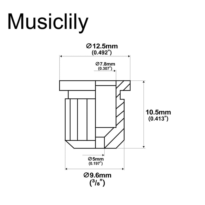 Dimensions of musiclily ultra 3 8 inch 9 6mm full solid brass g tlb 2 style ferrules string through body rear mount bushings for electric bass mx3207 5p