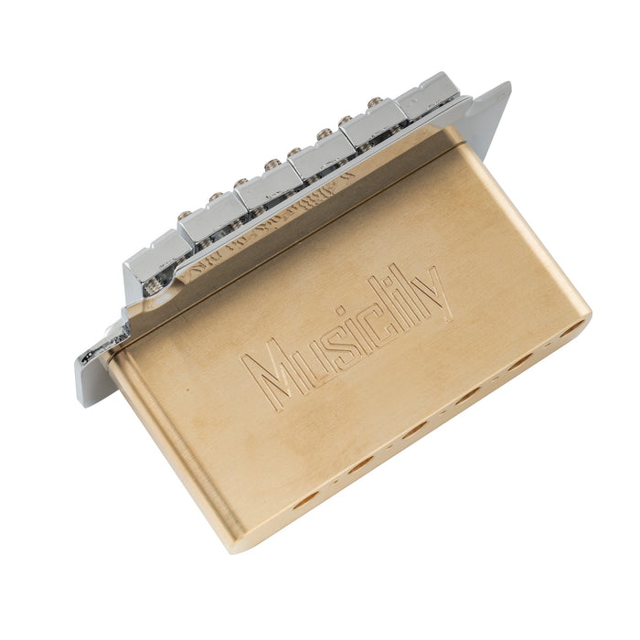Usage show of musiclily ultra 52 5mm2 1 16 inch full solid brass short tremolo block for china made squier new after 2021 affinity 2 point electric guitar bridge 36mm tall mx3210
