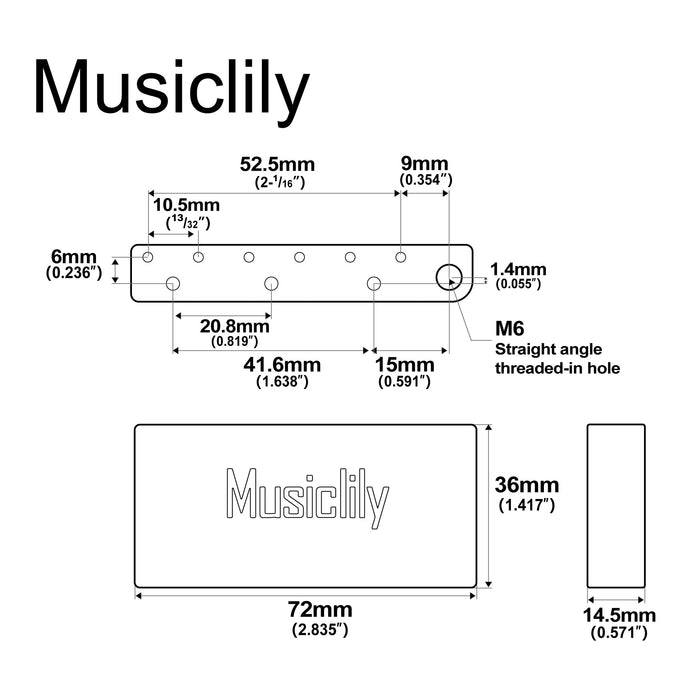 Dimensions of musiclily ultra 52 5mm2 1 16 inch full solid brass short tremolo block for china made squier new after 2021 affinity 2 point electric guitar bridge 36mm tall mx3210