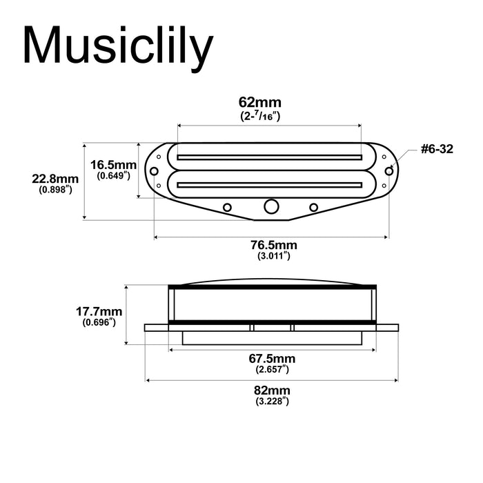 Dimensions of musiclily pro st dpma alnico 5 rail blade single coil sized humbucker pickup 9 2k for strat style electric guitar mx3248bk