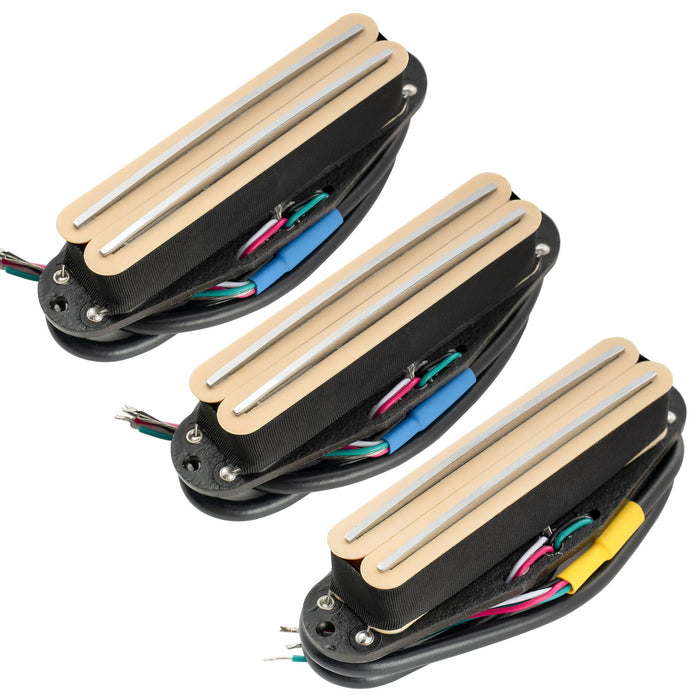 musiclily pro st dpha alnico 5 rail blade single coil sized humbucker super distortion neck middle bridge pickups set for strat style electric guitar mx3248 2mx3249p cream