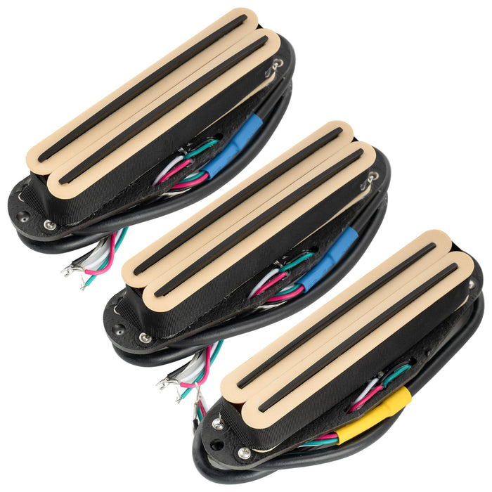 musiclily pro st dpha alnico 5 rail blade single coil sized humbucker super distortion neck middle bridge pickups set for strat style electric guitar mx3248 2mx3249p cream