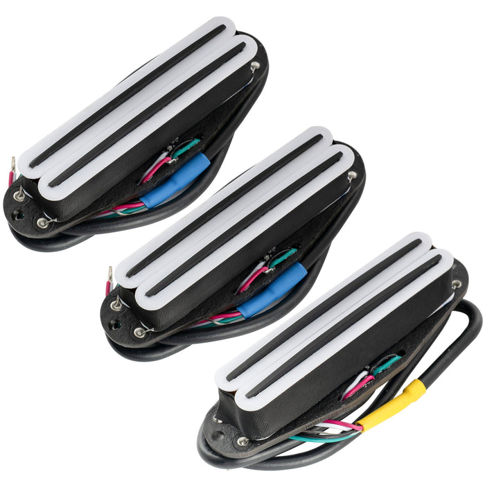 musiclily pro st dpha alnico 5 rail blade single coil sized humbucker super distortion neck middle bridge pickups set for strat style electric guitar mx3248 2mx3249p, white