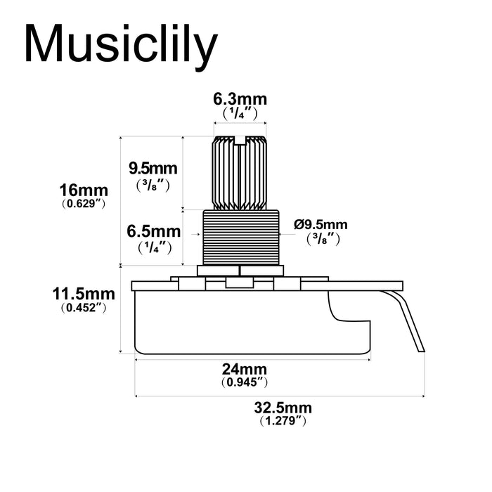 Dimensions of cts a1m inch size fine 24 spline split nylon shaft short bushing pot audio taper potentiometer for jazzmaster style electric guitar mx3255