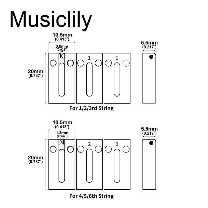 Dimensions of musiclily ultra 10 5mm full solid brass modern style roller saddles for strat tele style electric guitar bridge mx3255 3mx3256 3p