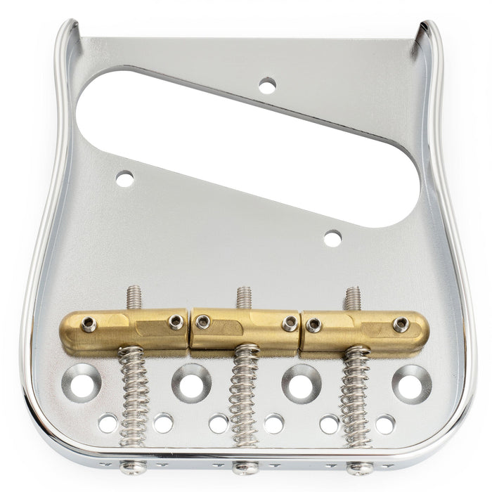 detail of musiclily ultra 54mm2 1 8 inch string spacing full solid brass plate with compensated 3 saddle curved tele style guitar bridge mx3265cr