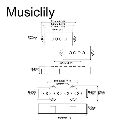 Dimensions of artec poa4 joa4 alnico 5 vintage tone 4 string pj bass neck bridge pickups set mx3273bkmx3275bk