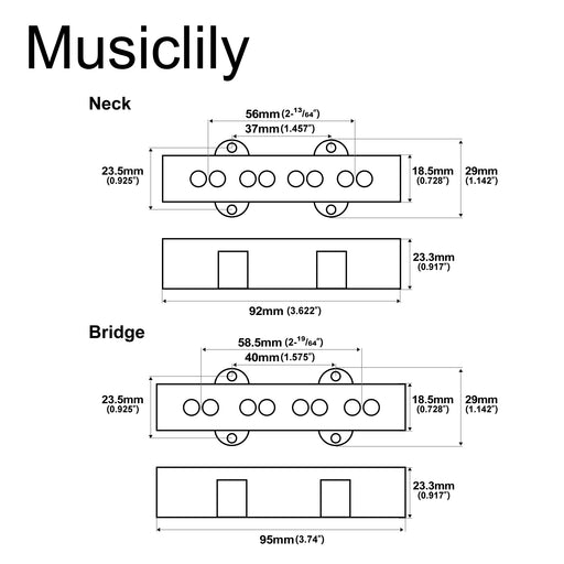 Dimensions of artec joa4 alnico 5 vintage tone single coil pickup 4 string jazz bass neck bridge pickups set mx3274bkmx3275bk