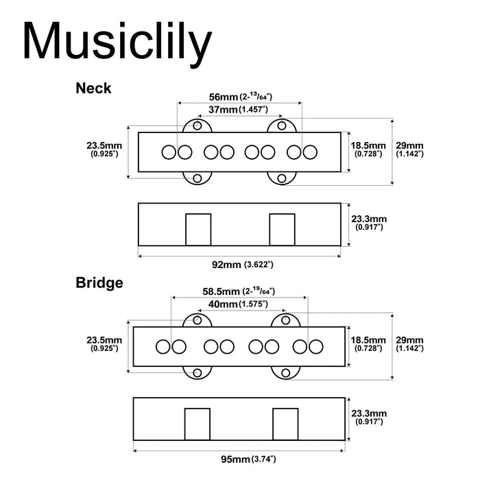 Dimensions of artec joa4 alnico 5 vintage tone single coil pickup 4 string jazz bass neck bridge pickups set mx3274bkmx3275bk