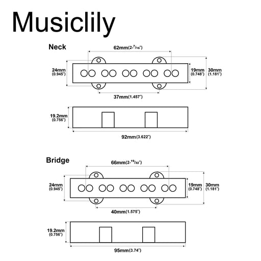 Dimensions of artec joa5 alnico 5 vintage tone single coil pickup 5 string jazz bass neck bridge pickups set mx3276bkmx3277bk