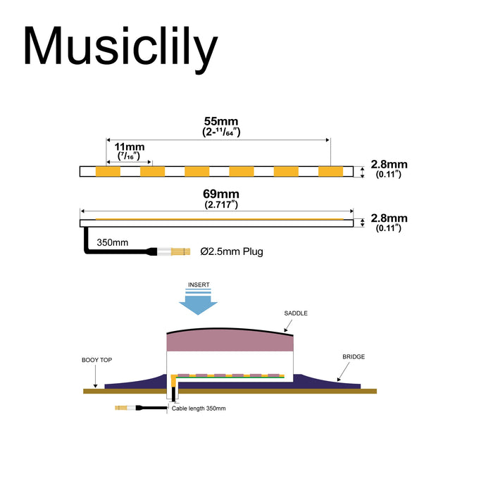 Dimensions of musiclily basic transducer under bridge saddle ceramic piezo pickup for acoustic guitar 69mm 2 8mm mx3300