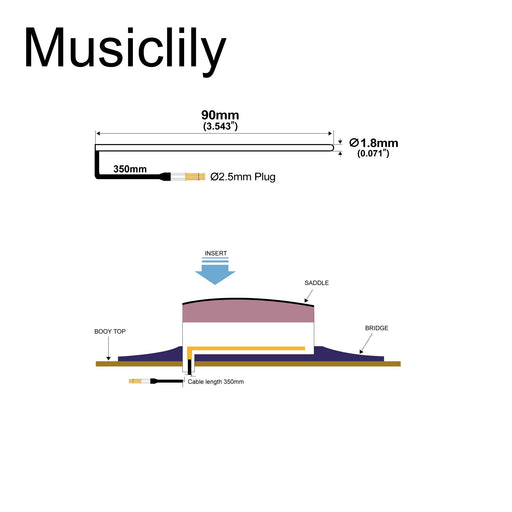 Dimensions of musiclily basic transducer under bridge saddle soft cable piezo pickup for acoustic or classical guitar 90mm 1 8mm mx3301
