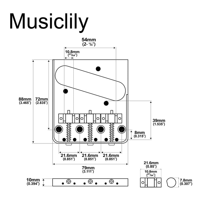 Dimensions of musiclily ultra 54mm2 1 8 inch string spacing full solid aluminum plate with compensated brass 3 saddle vintage ashtray tele style guitar bridge mx3306cr