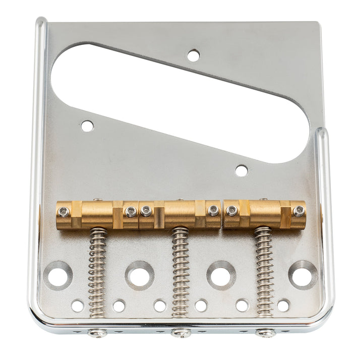 detail of musiclily ultra 54mm2 1 8 inch string spacing full solid aluminum plate with compensated brass 3 saddle vintage ashtray tele style guitar bridge mx3306cr