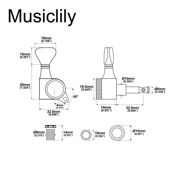 Dimensions of musiclily pro 6 in line 18 1 ratio full sealed locking machine heads tuners tuning pegs keys with g style button 45 degree screw for strat tele style electric guitar mx3341 6p