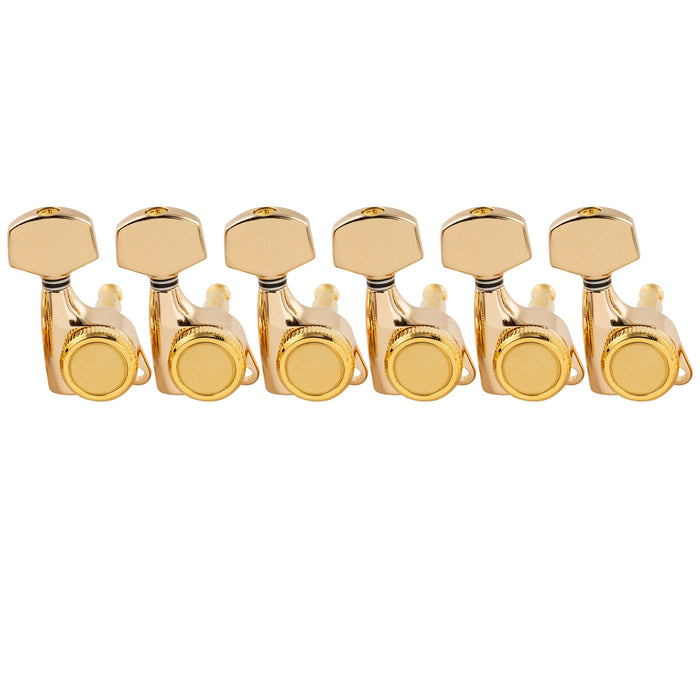 musiclily pro 6 in line 18 1 ratio full sealed locking machine heads tuners tuning pegs keys with hex button 45 degree screw for strat tele style electric guitar mx3343 6p, gold