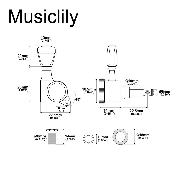 Dimensions of musiclily pro 3r3l 18 1 ratio full sealed locking machine heads tuners tuning pegs keys with keystone button 45 degree screw for acoustic electric guitar mx3350 3mx3351 3p