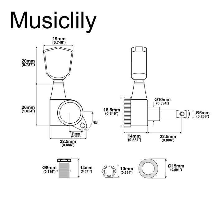 Musiclily Pro R18T Singolo Rapporto 18:1 Testa Macchina Bloccante Sigillata Completamente Lato Basso con Pulsante a Chiave per Chitarra Elettrica Acustica